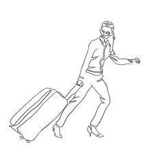 Carry on luggage line art drawing style, The Woman sketch black linear isolated on white background, And the  best Carry on luggage vector illustration. 