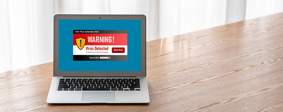 Virus warning alert on computer screen detected modish cyber threat , hacker, computer virus and malware