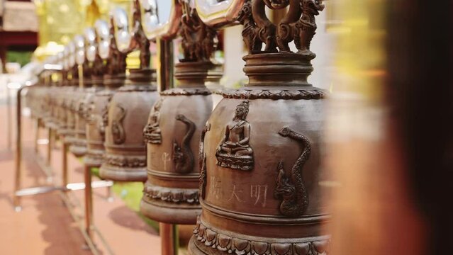 Buddhist Prayer Bells at Temple in Thailand at Wat Phra Singh, Chiang Mai, Used for Praying and Buddhism Ceremonies and Rituals for Praying, a Spiritual Symbol, Southeast Asia