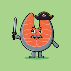 Cute cartoon mascot character fresh salmon pirate with hat and holding sword in modern design