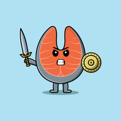 Cute cartoon character Fresh salmon holding sword and shield in modern style design