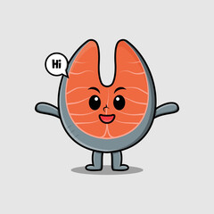 Cute cartoon fresh salmon character with happy expression in modern style design 