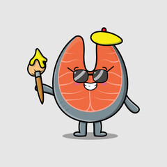 Cute cartoon character Fresh salmon painter with hat and a brush to draw in cute design style design 