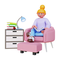 3d render women reading book and relax on sofa