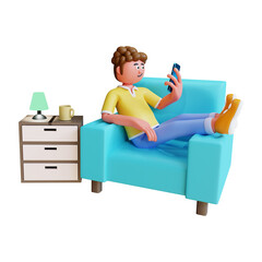 3d render young man relax on sofa and playing smartphone