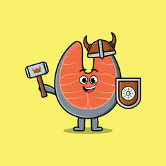 Fototapeta premium Cute cartoon character Fresh salmon viking pirate with hat and holding hammer and shield