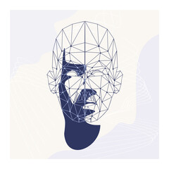 Wireframe mesh head shape consisting of connected dots and lines. Human face silhouette