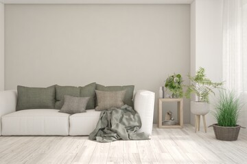 White living room with sofa. Scandinavian interior design. 3D illustration