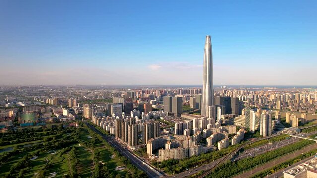 Aerial shot of the skyline of Chow Tai Fook Financial Center, Binhai New Area, Tianjin, China