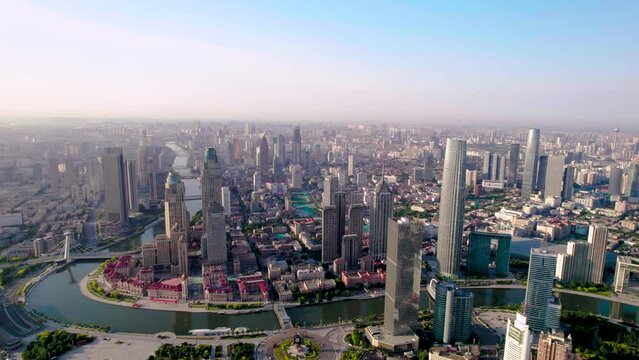Early morning aerial photography of Jintang Bridge and city skyline of Haihe River in Tianjin, China