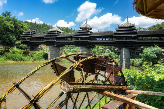 Close-up of Dong Nationality Wind and Rain Bridge in Chengyang Bazhai, Sanjiang, Liuzhou