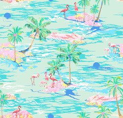 Hawaii Tropical Flamingo Island Vector Illustration Seamless Pattern On Yellow Background Wallpaper, Palm Island With Flamingo Animal
