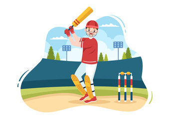 Batsman Playing Cricket Sports with Ball and Stick in Flat Cartoon Field Background Illustration