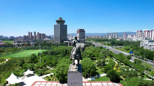Aerial photography of the statue skyline of Genghis Khan Square in Hohhot, Inner Mongolia