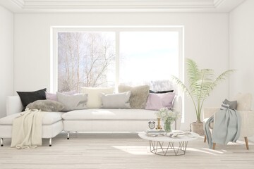 White living room with sofa. Scandinavian interior design. 3D illustration