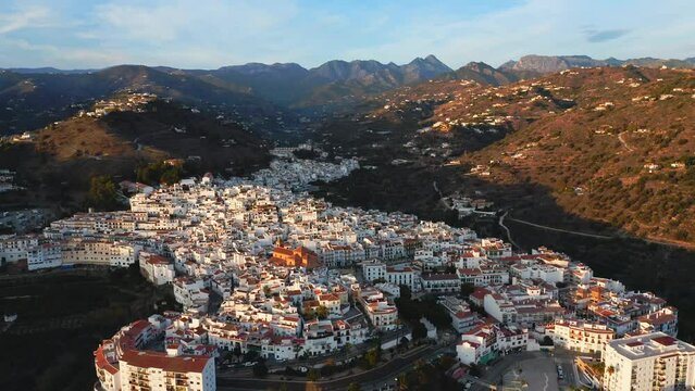 Aerial Drone View of Spanish Town in Spain, Torrox, Costa Del Sol Mountains, Andalusia (Andalucia), Europe, Traditional White Town Buildings and Houses Popular in Property Real Estate Housing Market