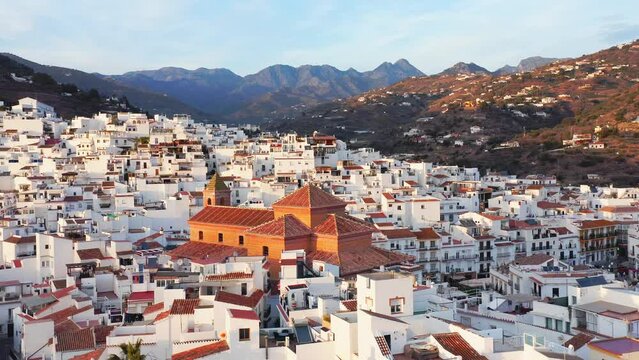 Aerial Drone View of Church in Spanish Town in Torrox, Spain, Costa Del Sol Mountains, Andalusia (Andalucia), Europe, White Buildings and Houses Popular in Property Real Estate Housing Market