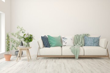 White living room with sofa. Scandinavian interior design. 3D illustration