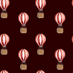 Naklejka premium Retro hot air balloon vintage style watercolor illustration seamless pattern on dark.