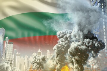 big smoke pillar with fire in the modern city - concept of industrial catastrophe or terroristic act on Bulgaria flag background, industrial 3D illustration