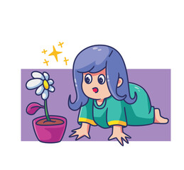 cute little girl looking at flower. Isolated cartoon person illustration. Flat Style Sticker element vector