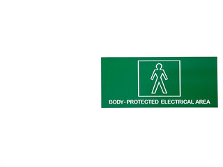 Bright green sign of Body Protected Electrical Area and symbol isolated on white background. concept of work safety.