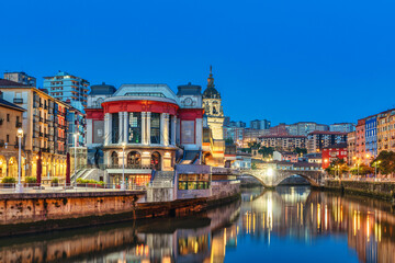 Bilbao, Market Building at Twilight in Ribera riverbank - Bilbau Old Town Landscape - Seven Streets District - Basque Country, Spain