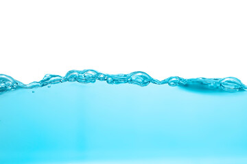 blue water surface, ripple, wave and bubbles isolated on white background.