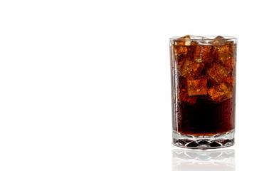 A glass soft drink and fizzy bubbles and ice cube  isolate on white Background. 