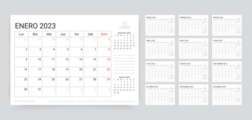 Spanish 2023 calendar. Planner template. Vector illustration. Table schedule grid.