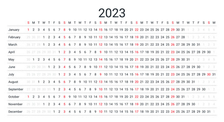 Linear calendar for 2023 year. Vector illustration. Yearly calender planner.