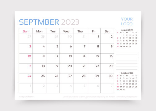 September 2023 year calendar. Desk monthly planner template. Vector illustration.