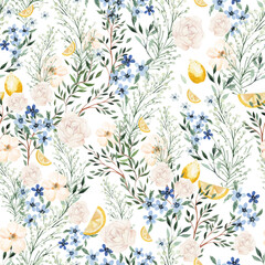 Obraz premium Watercolor seamless pattern with pink and blue flowers and leaves, different leaves and peacoc bird. Illustration