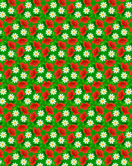 Bright summer botanical pattern with field flowers and ladybugs on a green background
