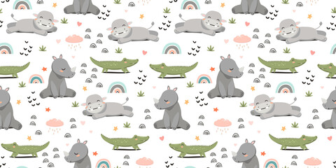 Seamless patterns with cute hippos, crocadillas and rhinos. Pattern with animals of Africa. Children's jewelry and textiles. 