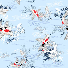 BEAUTIFUL POND FISH SEAMLESS PATTERN ART DESIGN FASHION BACKGROUND WALLPAPER, Hawaii Japan Style, koi fish