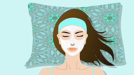 portrait of a woman with a mask, beautiful lady rests on a green and blue floral pattern pillow, wears a mint green headband,  brown hair, lies on a green sheet, realistic minimalistic illustration