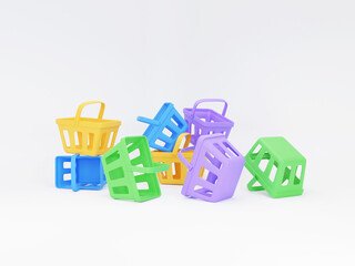 Multi-colors empty shopping baskets on white background. 3d rendering illustration.