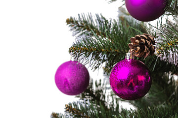 New Year background. Isolated Christmas ball on branch of spruce tree