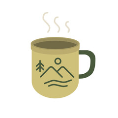 camping outdoor activity drink mug with mountain forest scenery graphic art vector flat illustration icon design
