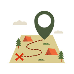 Obraz premium camping hiking route map with big location point and tent pine tree symbol. vector flat illustration icon design