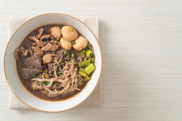 Thai noodle with pork, stewed pork, meatball and pork liver in blood soup