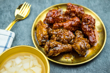 Crispy fried korean chicken wings in soy garlic sauce and sweet sauce