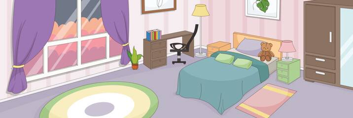 Cute and nice design of Bedroom with furniture and interior objects vector design