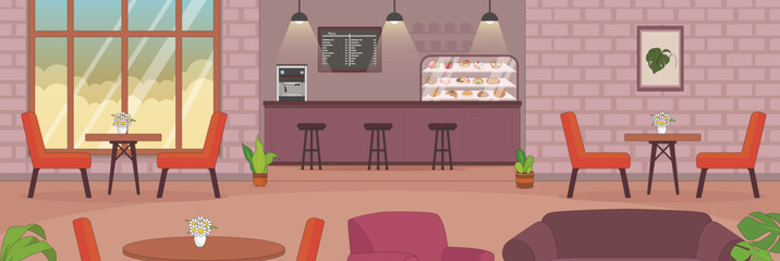 Cute and nice design of cafe Coffee with furniture and interior objects vector design