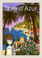 Poster Cote de l'azur French Riviera coast vintage. Resort, coast, sea, beach. Retro style illustration vector