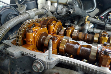 Close up of parts in engine head for adjust valve engine