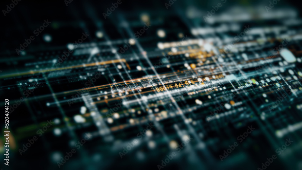Fototapete Futuristic abstract de-focus flowing data matrix, meta, metaverse, telemetry and encrypt numbers display with particles simulation in cyber space environment for head up display background
