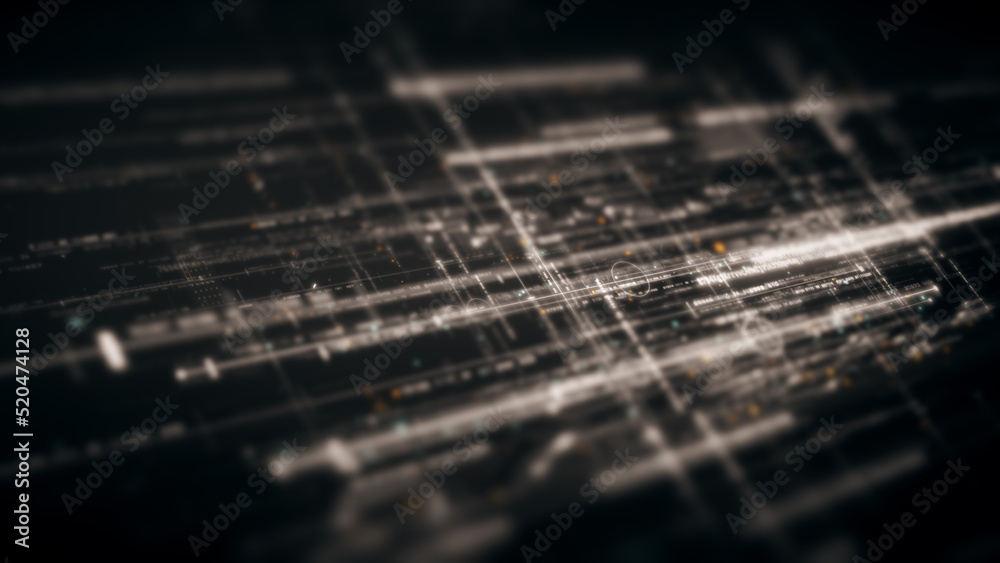 Aufkleber Futuristic abstract de-focus flowing data matrix, meta, metaverse, telemetry and encrypt numbers display with particles simulation in cyber space environment for head up display background