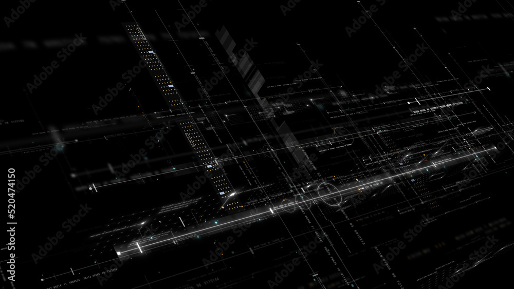 Leinwandbilder Futuristic abstract de-focus flowing data matrix, meta, metaverse, telemetry and encrypt numbers display with particles simulation in cyber space environment for head up display background